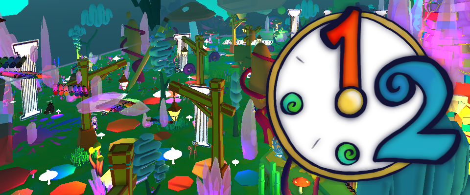 The 12 logo, a clock with "12" bold on the face, is overlayed on top of a colorful fantasy environment from the game.