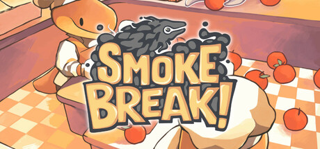 The logo for "Smoke Break!" is pictured on top of an illustration of a lively bakery from the game.